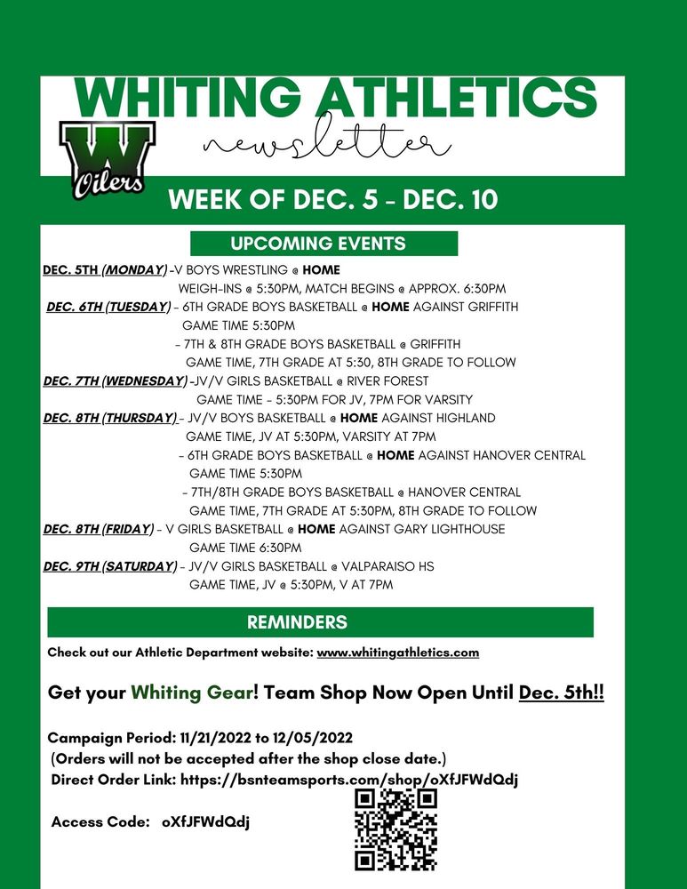 Athletic Department Newsletter. Dec. 5-10