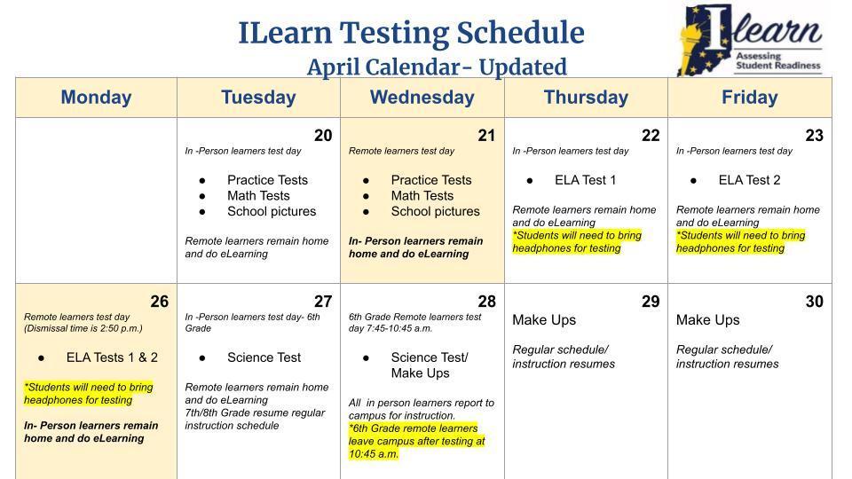 Updated ILEARN  Testing Schedule