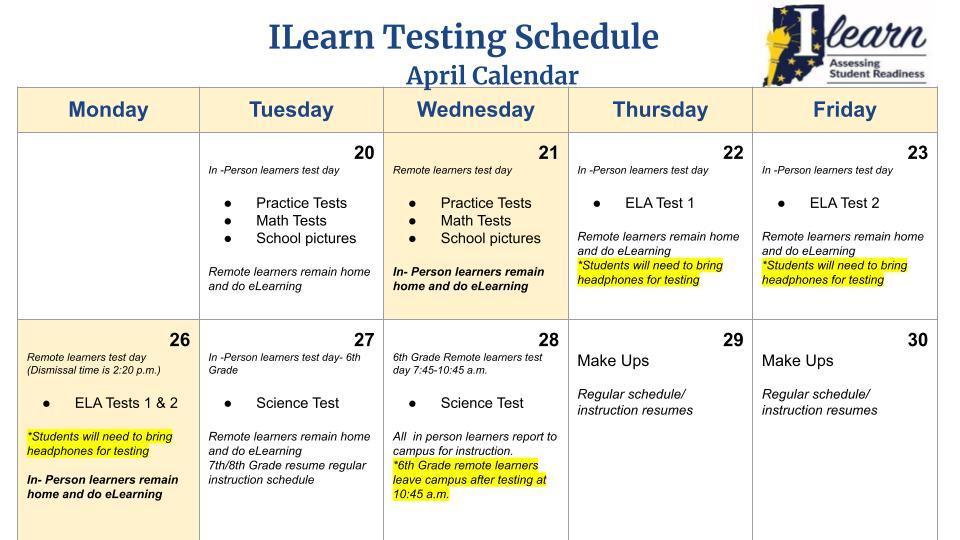 Finalized ILEARN Testing Schedule