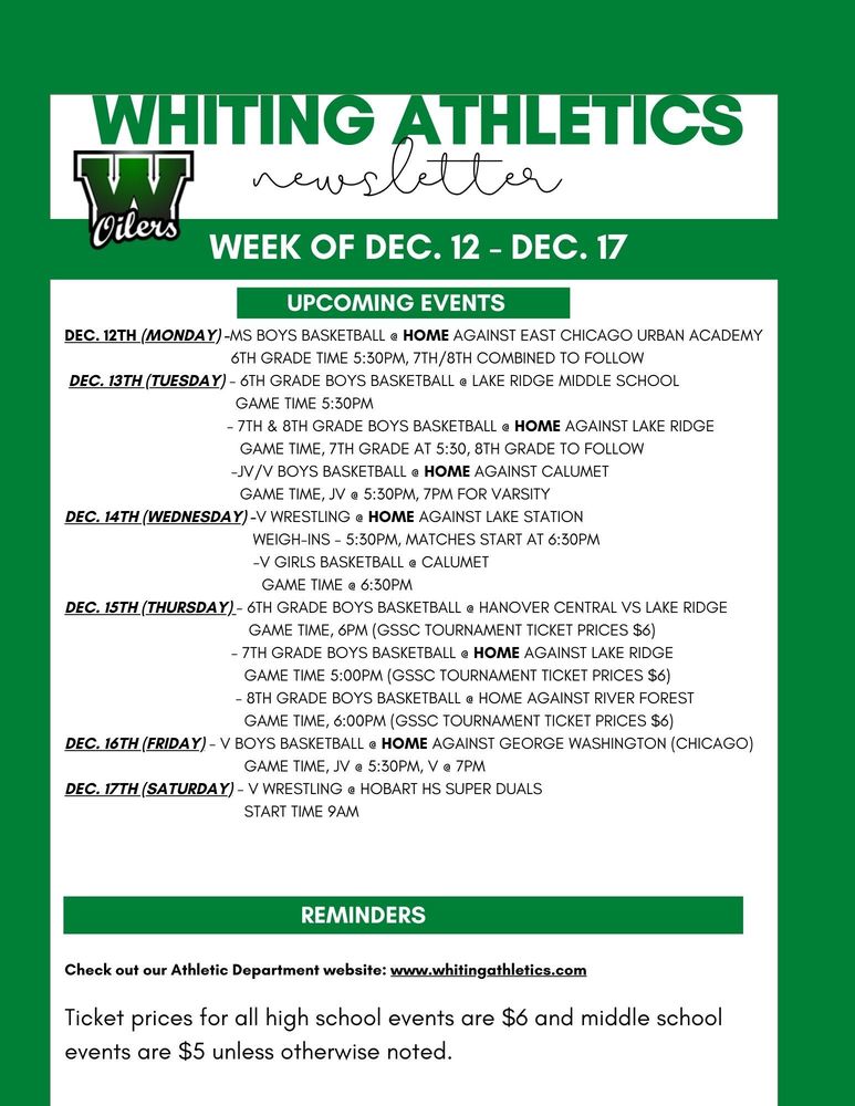Athletic Department Newsletter Week of Dec. 12