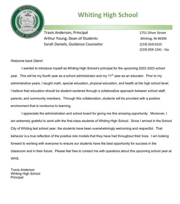 Principal’s Welcome Back Letter